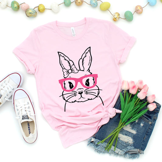 Bunny Face With Pink Glasses Puff Print | Short Sleeve Graphic Tee