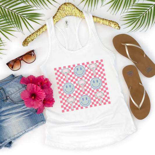 Smiley Palm Trees Checkered | Racerback Tank