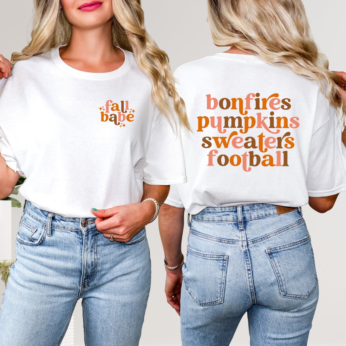 Fall Babe Stars - Bonfires Pumpkins Sweaters Colorful  | Front & Back Short Sleeve Graphic Tee