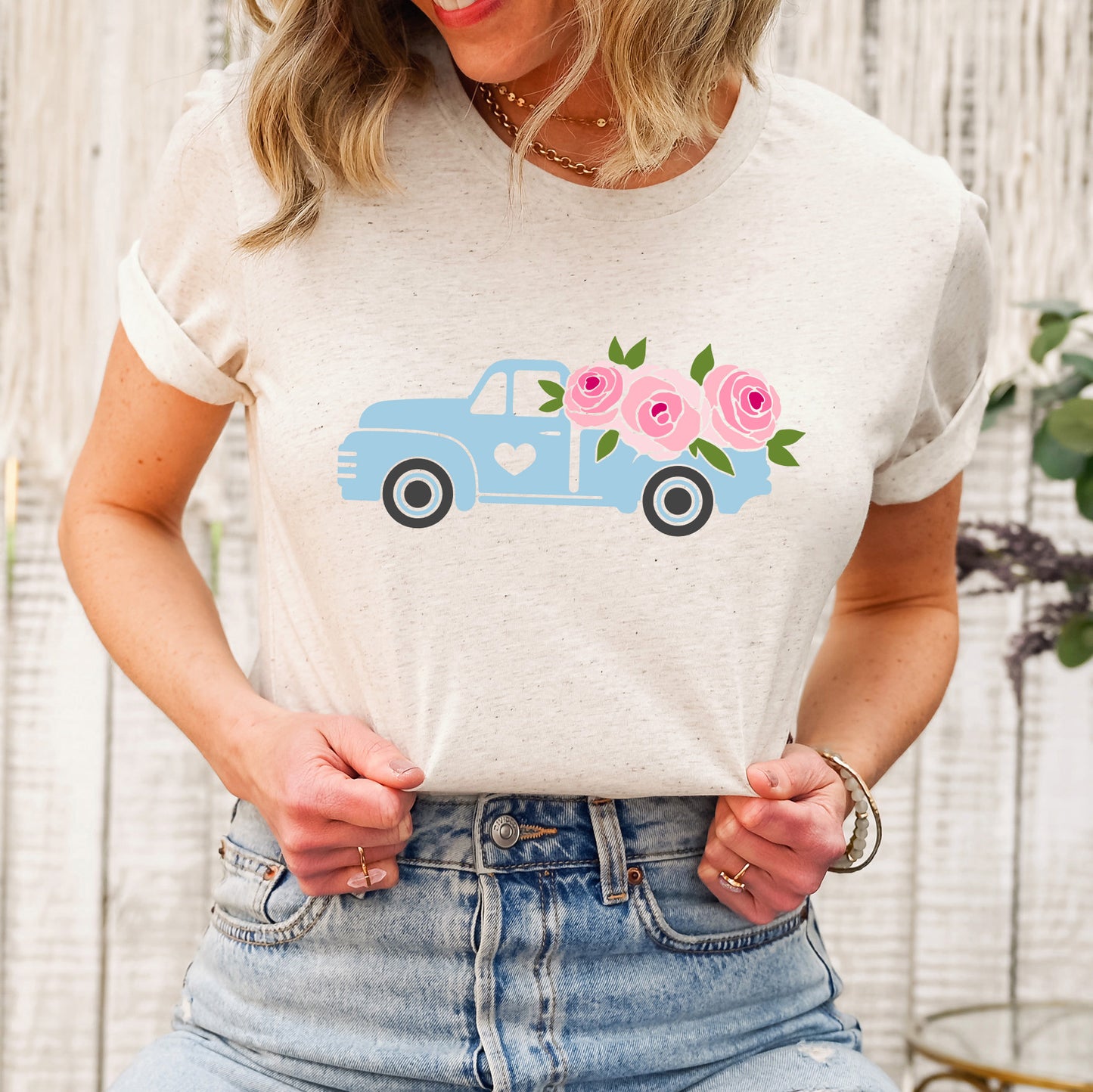 Spring Retro Truck With Flowers | Short Sleeve Crew Neck