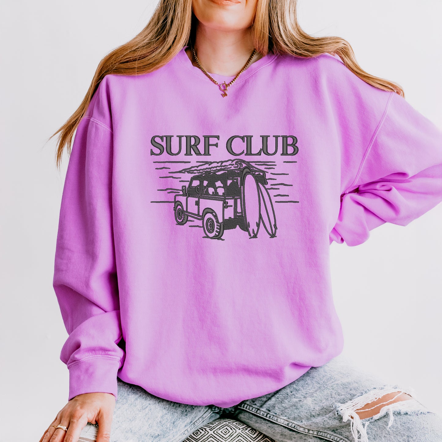 Embroidered Surf Club Jeep | Lightweight Garment Dyed Sweatshirt