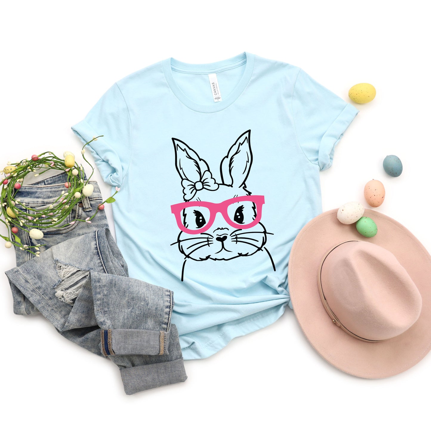 Bunny Face With Pink Glasses Puff Print | Short Sleeve Graphic Tee