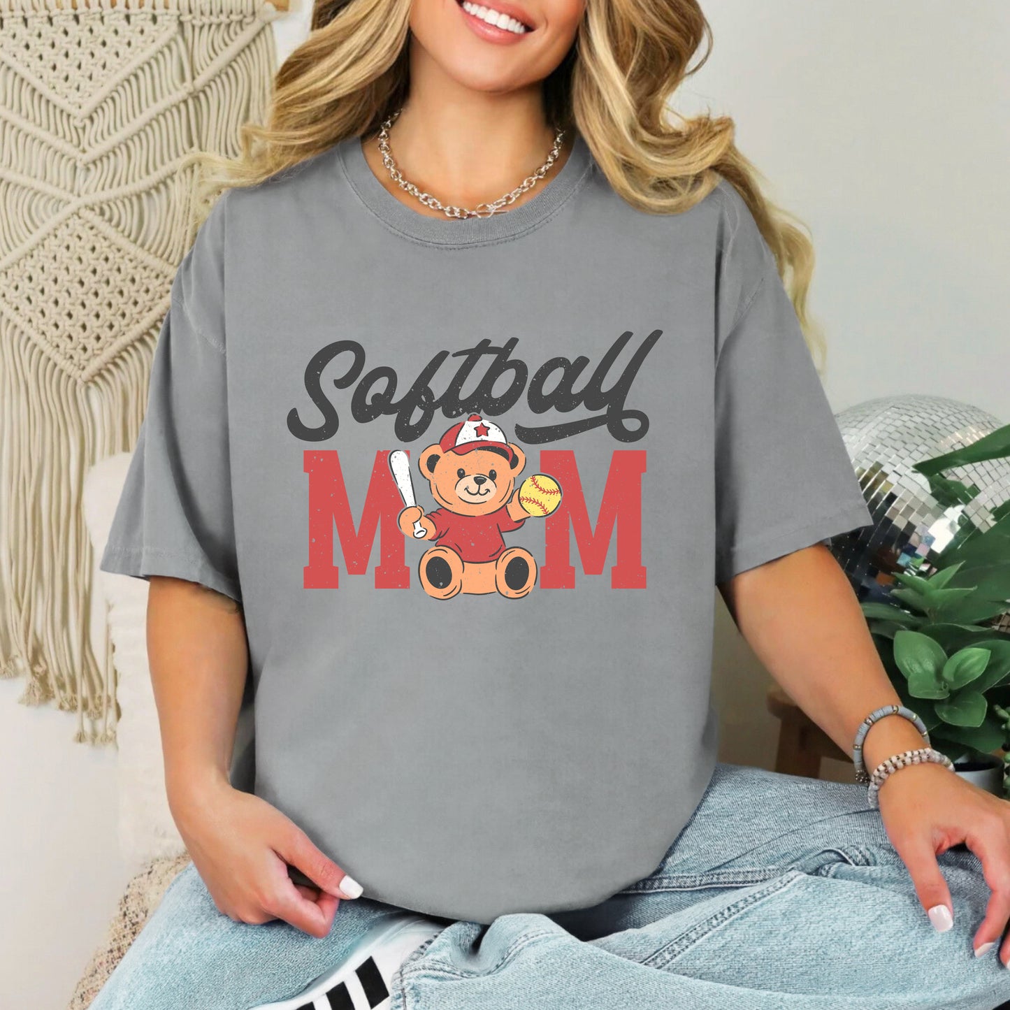 Softball Mom Teddy Bear | Garment Dyed Short Sleeve Tee