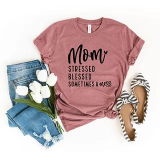 Mom Stressed Blessed | Short Sleeve Crew Neck