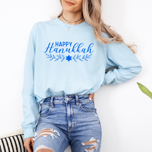 Happy Hanukkah Blue | Garment Dyed Long Sleeve