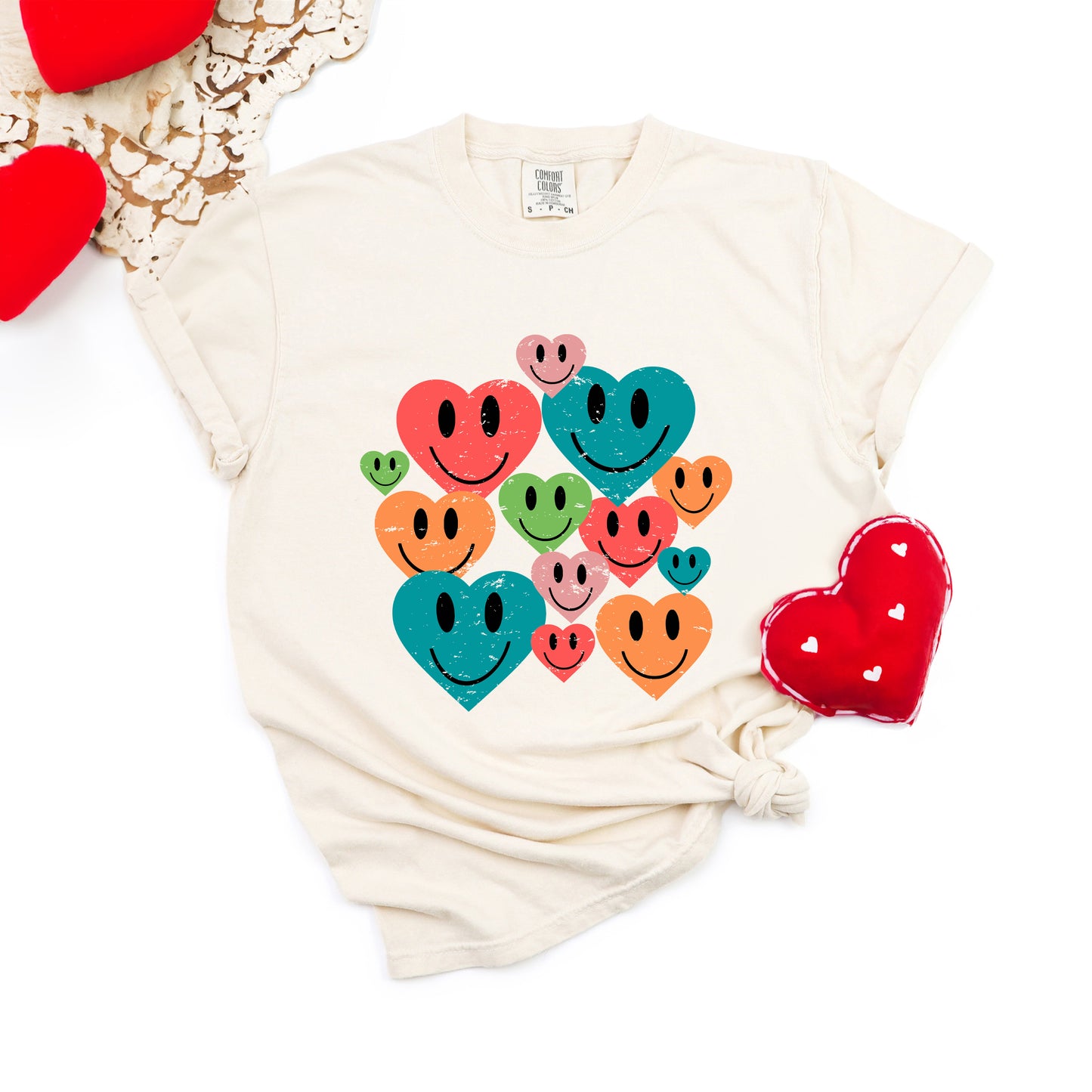 Distressed Smiley Hearts | Garment Dyed Tee