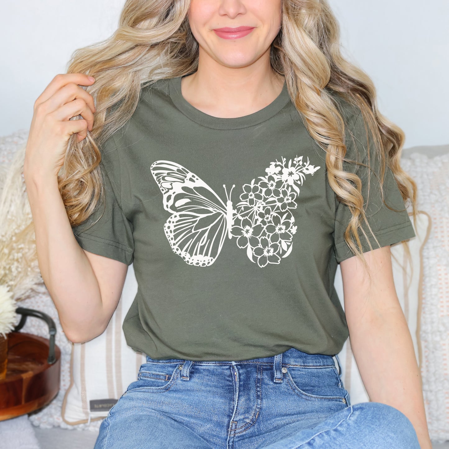 Butterfly and Flowers | Short Sleeve Crew Neck