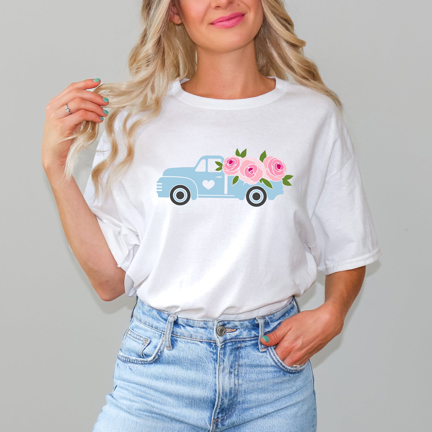 Spring Retro Truck With Flowers | Short Sleeve Crew Neck