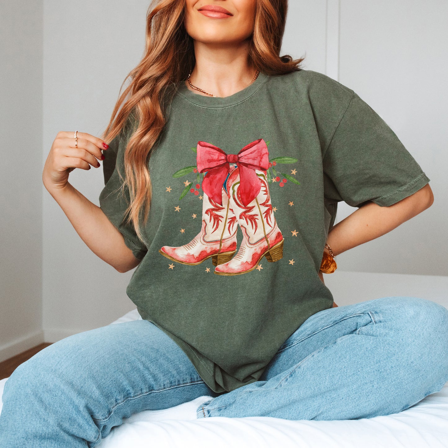 Coquette Cowgirl Christmas Boots | Garment Dyed Tee