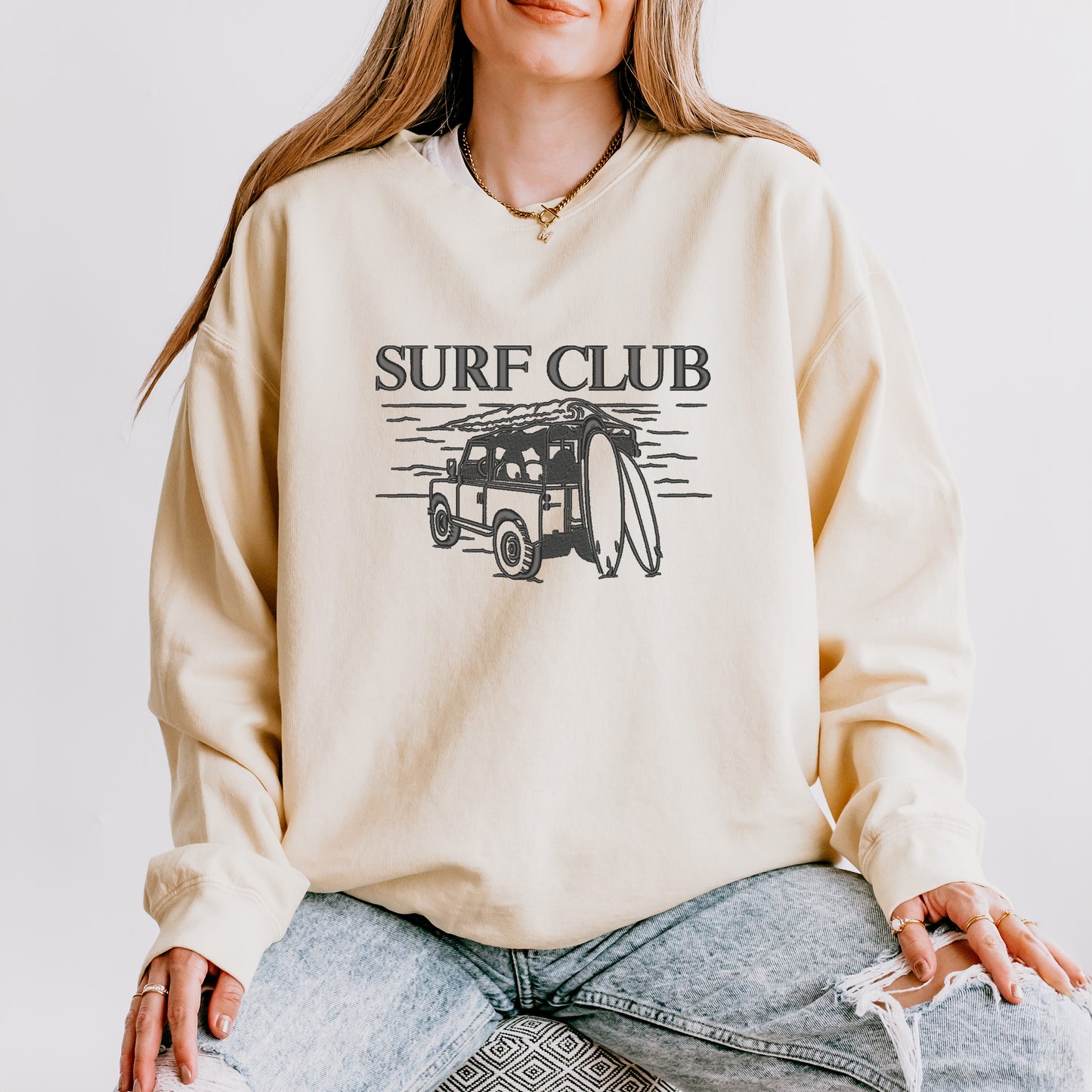 Embroidered Surf Club Jeep | Lightweight Garment Dyed Sweatshirt