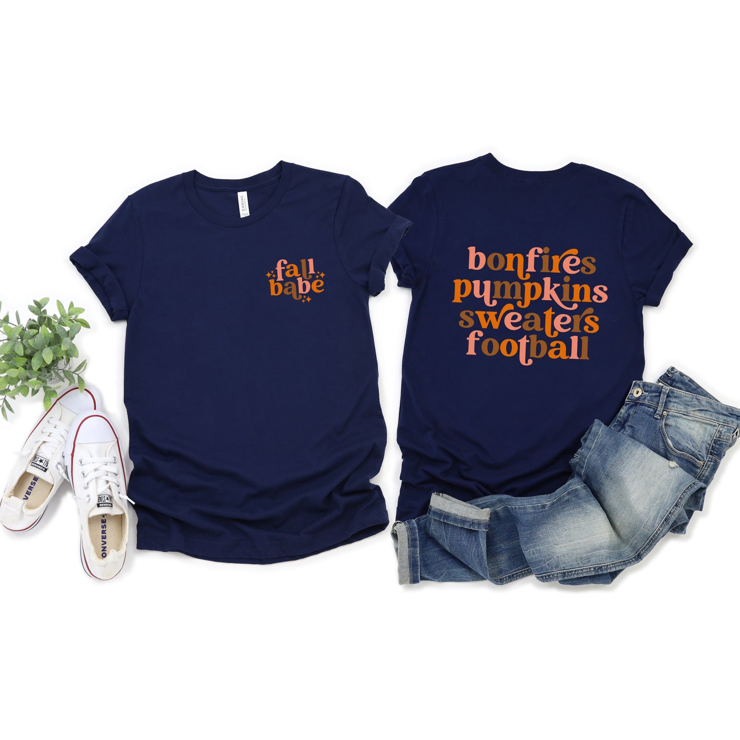 Fall Babe Stars - Bonfires Pumpkins Sweaters Colorful  | Front & Back Short Sleeve Graphic Tee