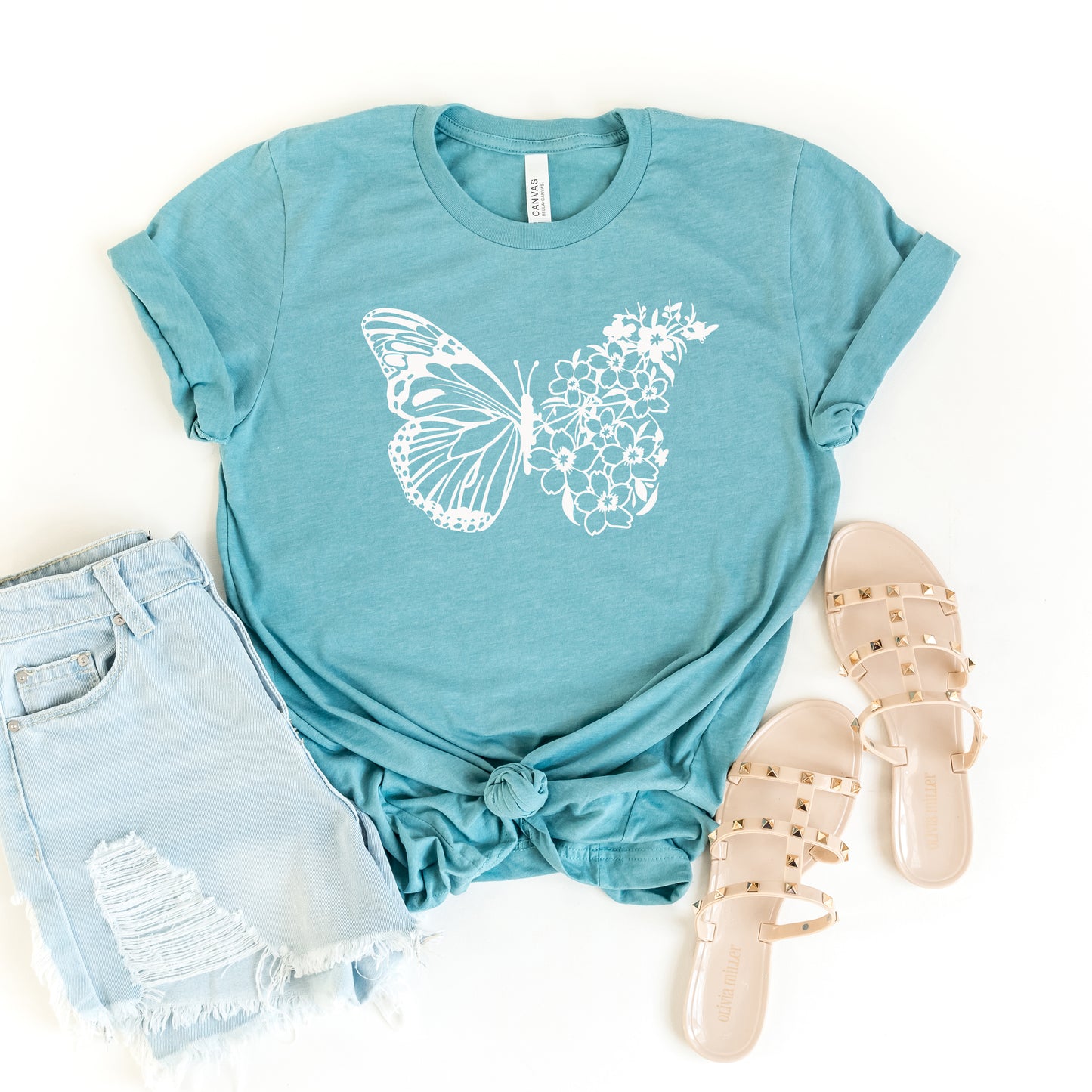 Butterfly and Flowers | Short Sleeve Crew Neck