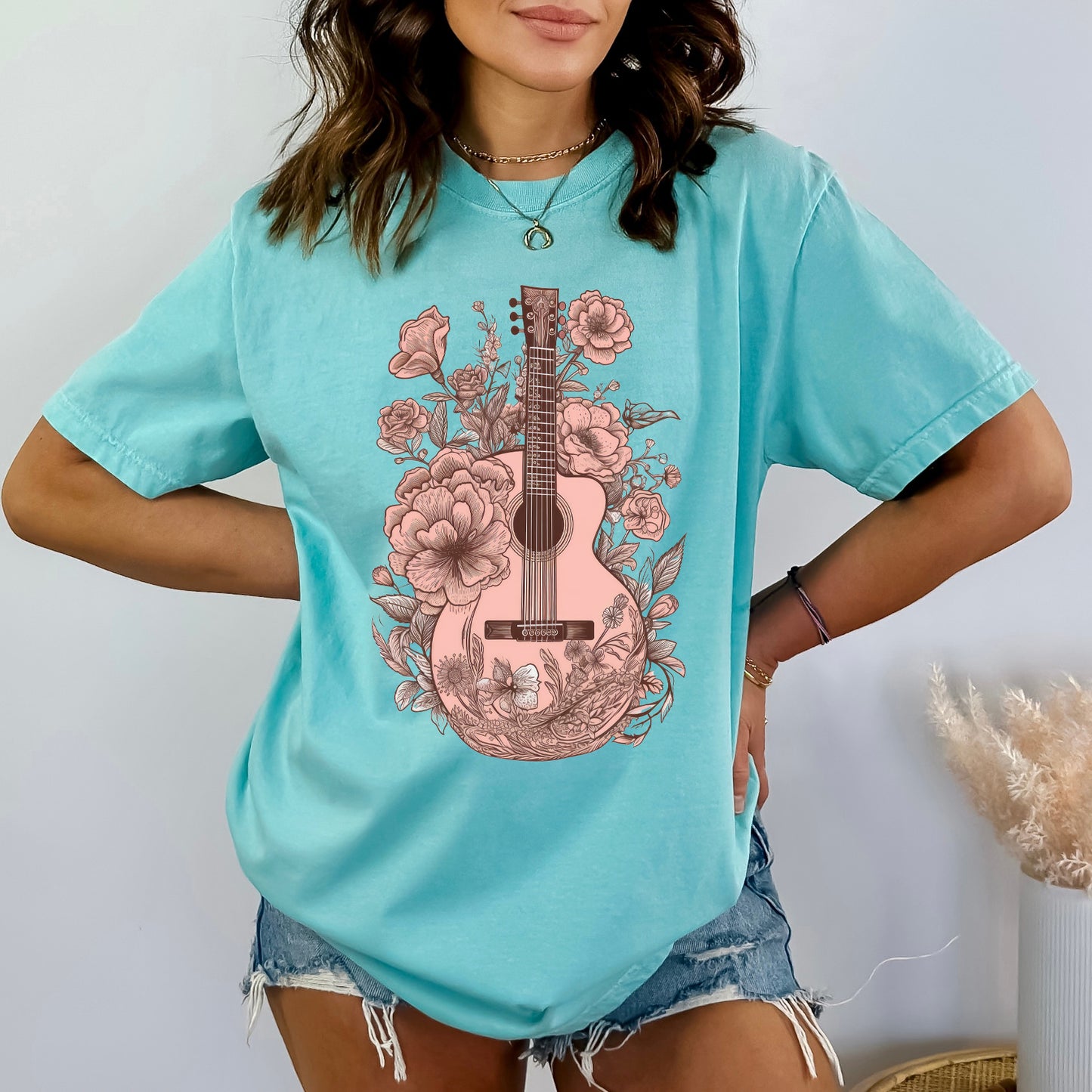 Pink Guitar Floral | Garment Dyed Short Sleeve Tee