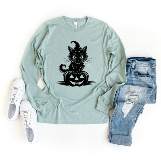 Cat Perched On A Pumpkin | Long Sleeve Crew Neck