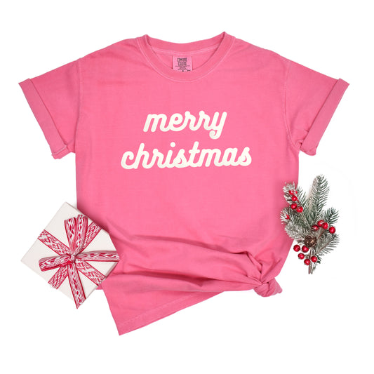 Merry Christmas Bold Cursive Words Puff Print | Garment Dyed Short Sleeve Tee