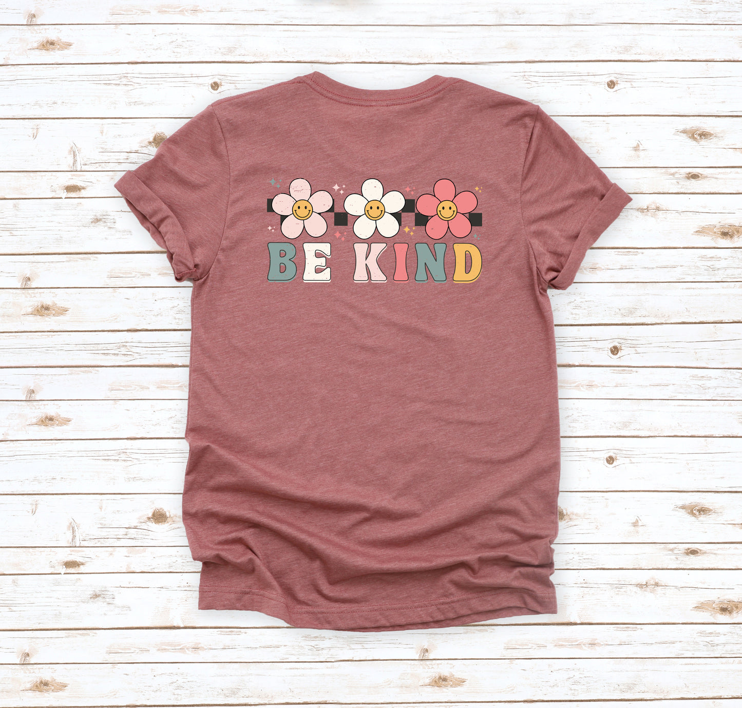 Be Kind Checkered Flowers | Front & Back Short Sleeve Graphic Tee