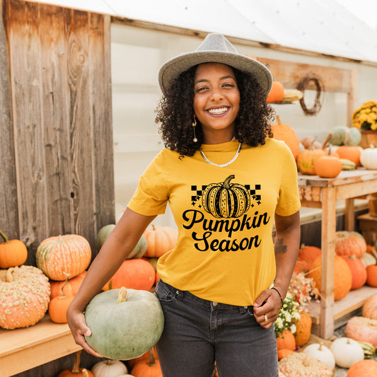 Checkered Pumpkin Season Cursive | Short Sleeve Graphic Tee