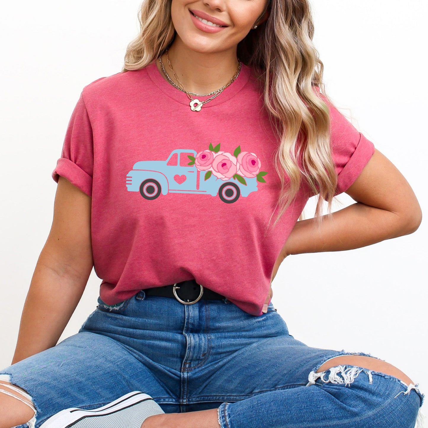 Spring Retro Truck With Flowers | Short Sleeve Crew Neck