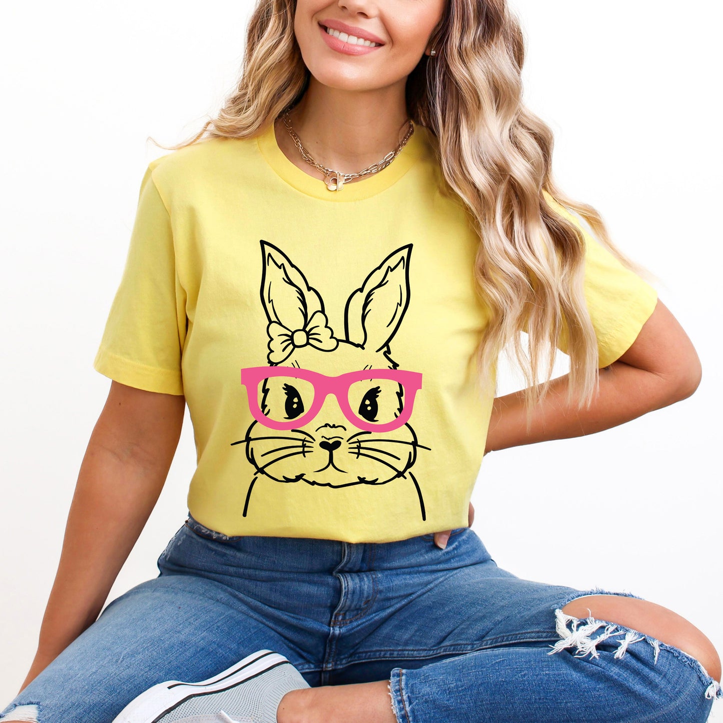 Bunny Face With Pink Glasses Puff Print | Short Sleeve Graphic Tee