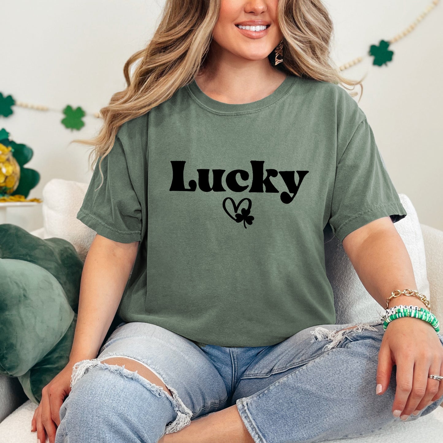 Lucky With Heart And Clover | Garment Dyed Tee