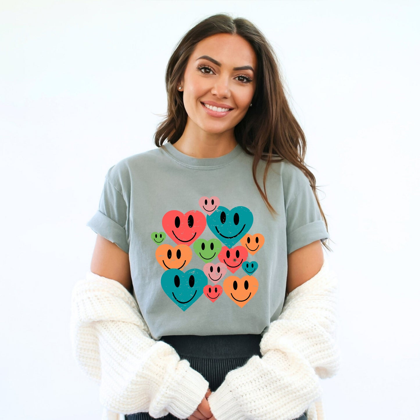 Distressed Smiley Hearts | Garment Dyed Tee