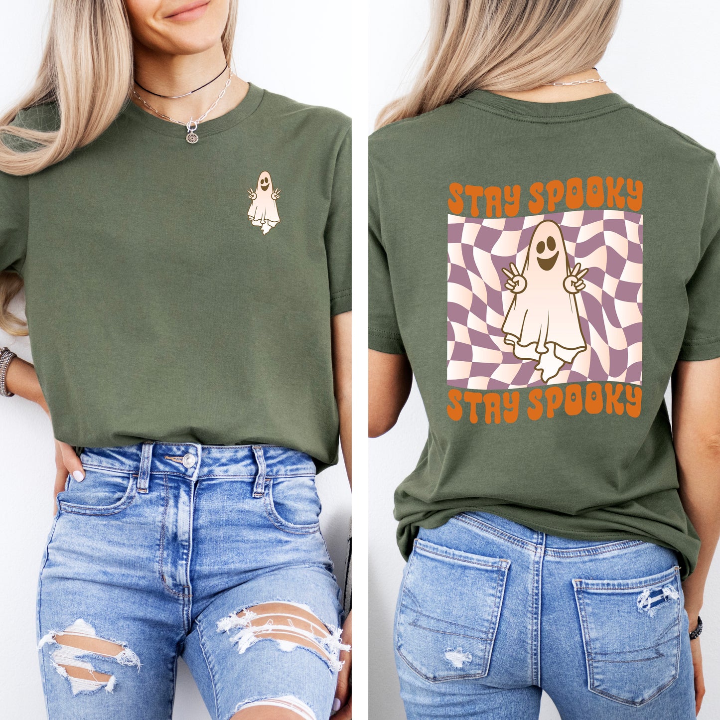 Checkered Stay Spooky Ghost | Front and Back Short Sleeve Crew Neck