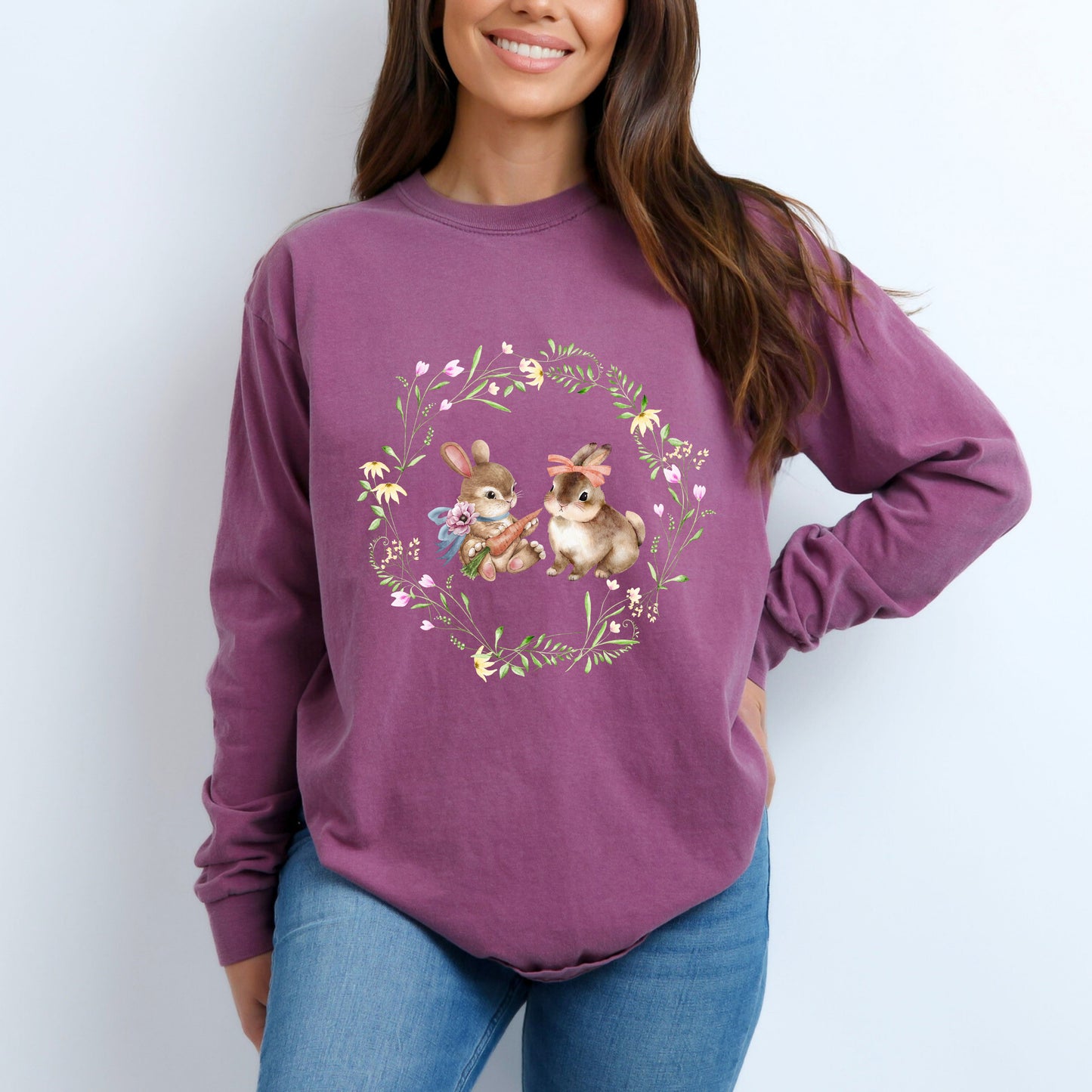 Bunnies Floral Wreath | Garment Dyed Long Sleeve