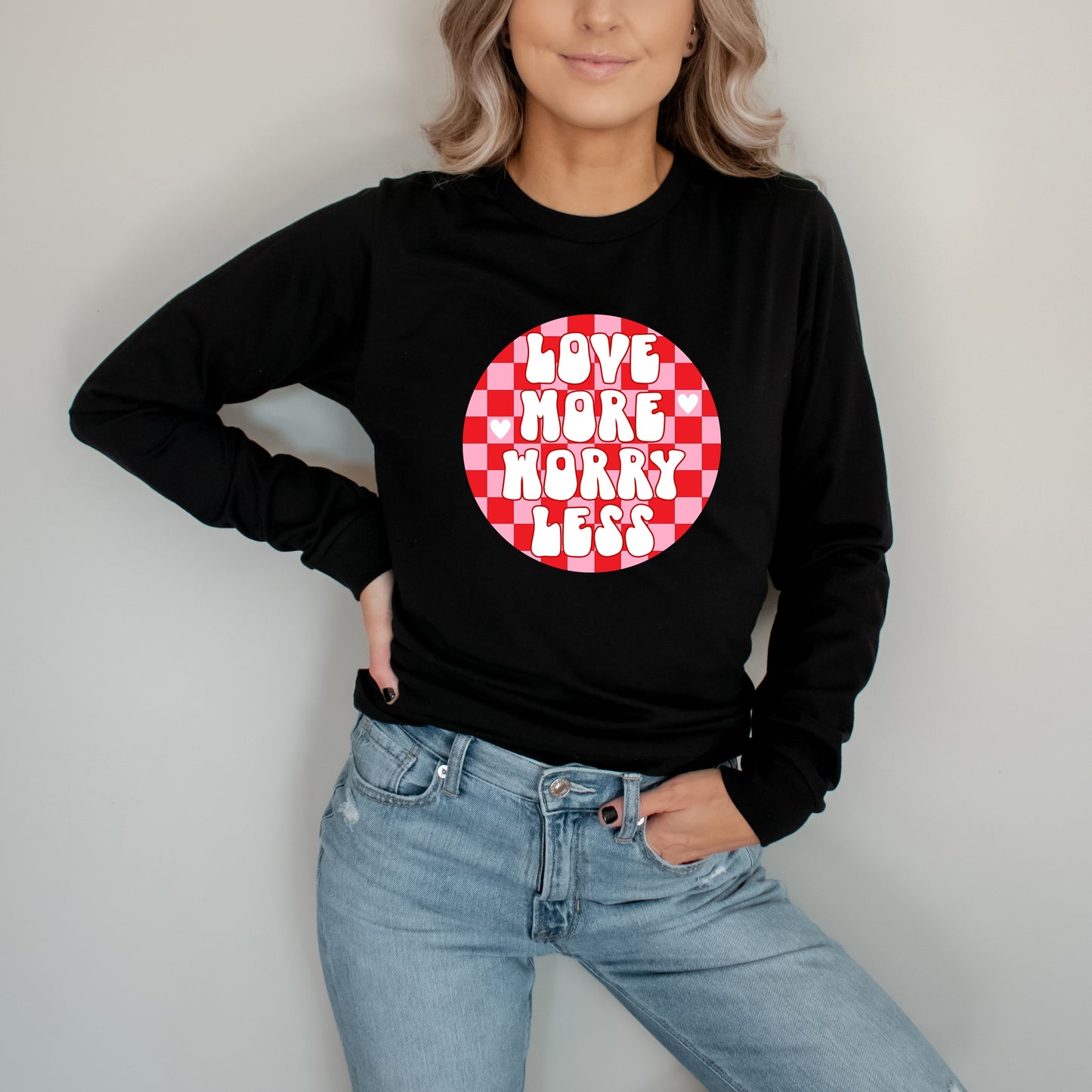 Love More Worry Less Checkered | Long Sleeve Graphic Tee