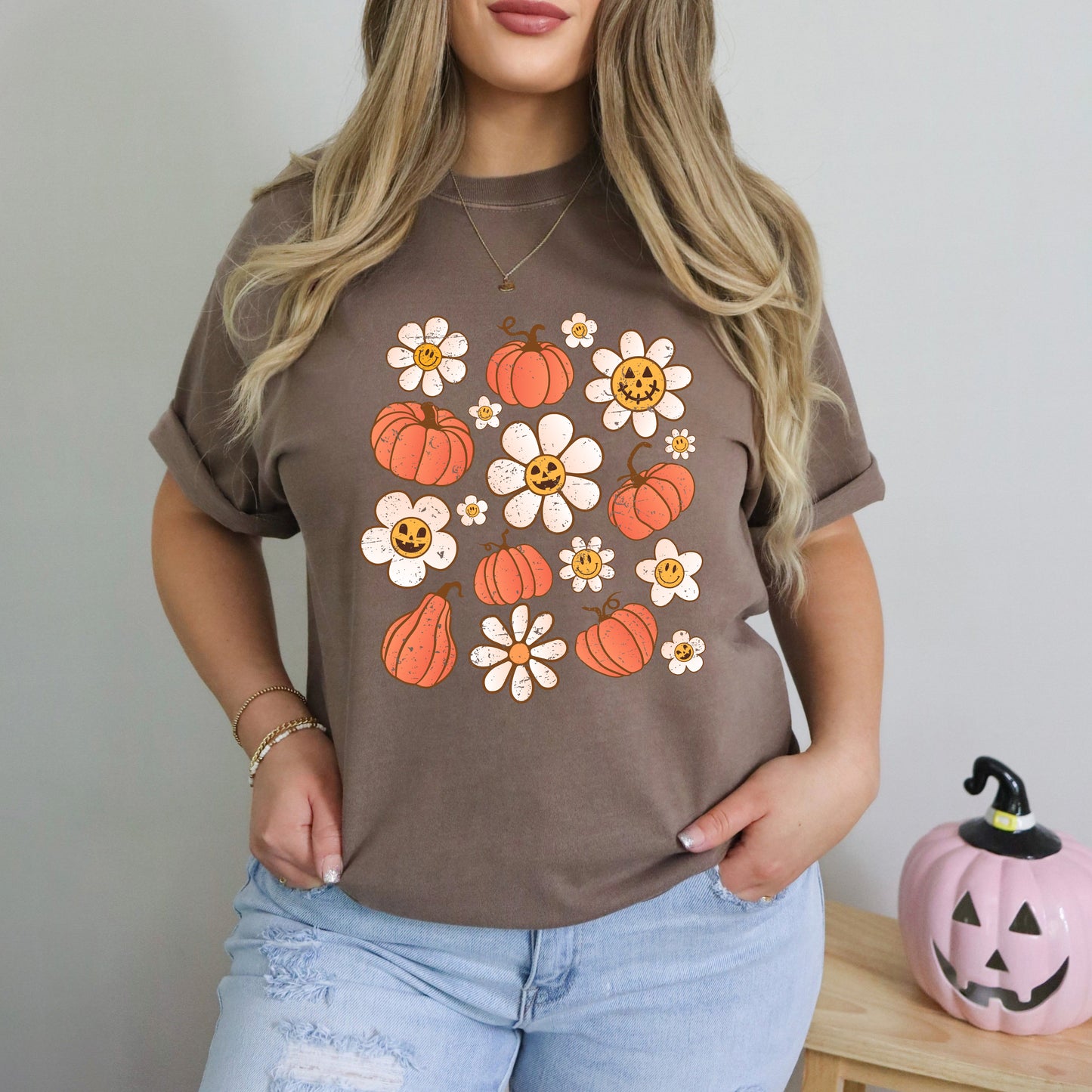 Distressed Flowers And Pumpkins | Garment Dyed Tee