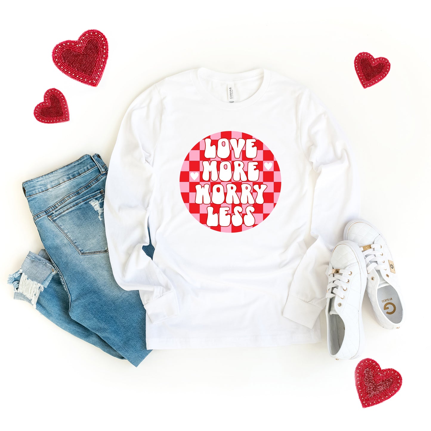 Love More Worry Less Checkered | Long Sleeve Graphic Tee