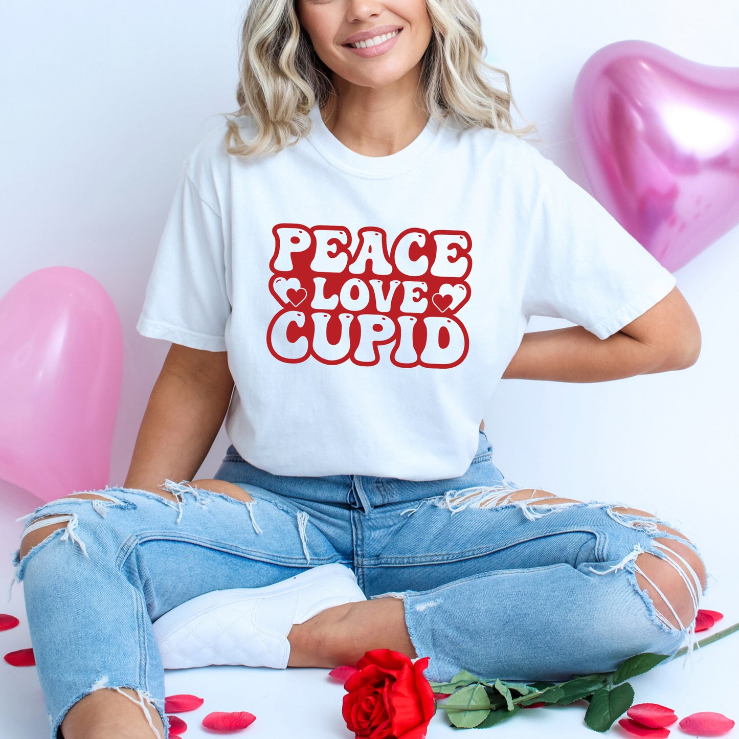 Peace Love Cupid Balloon Letters | Garment Dyed Tee