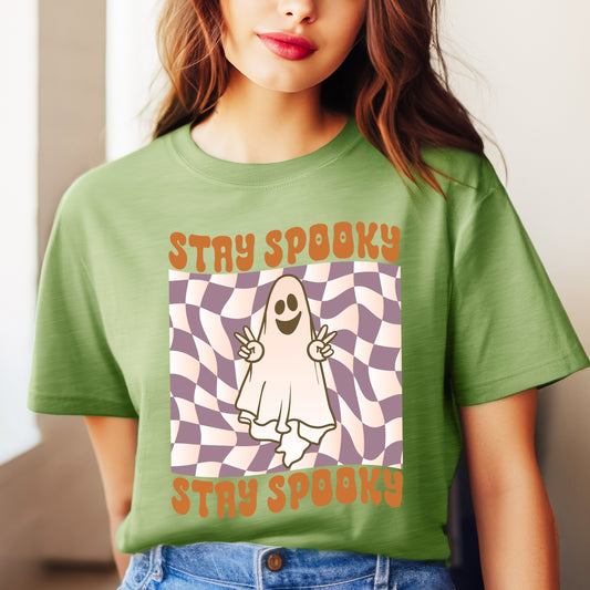 Checkered Stay Spooky Ghost | Short Sleeve Crew Neck