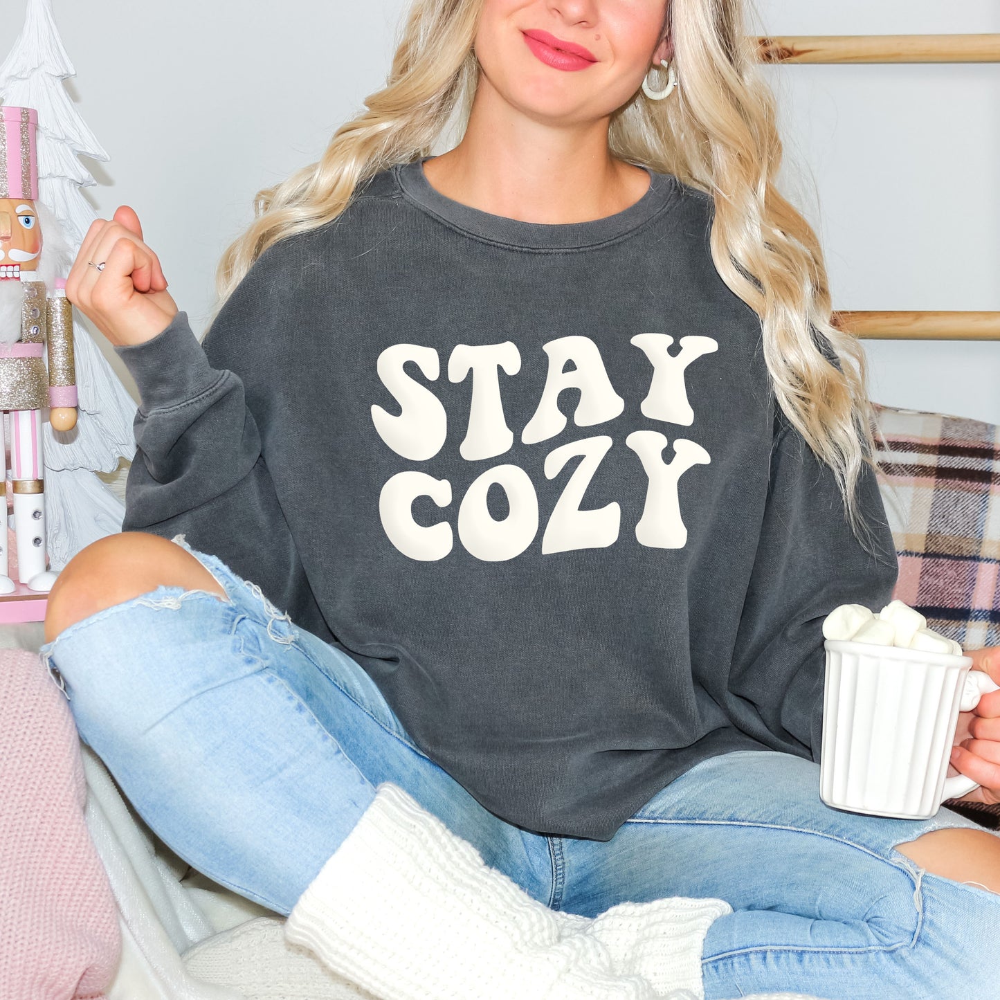 Stay Cozy White Puff | Garment Dyed Sweatshirt