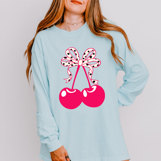 Coquette Cherries Spotted Bow | Garment Dyed Long Sleeve