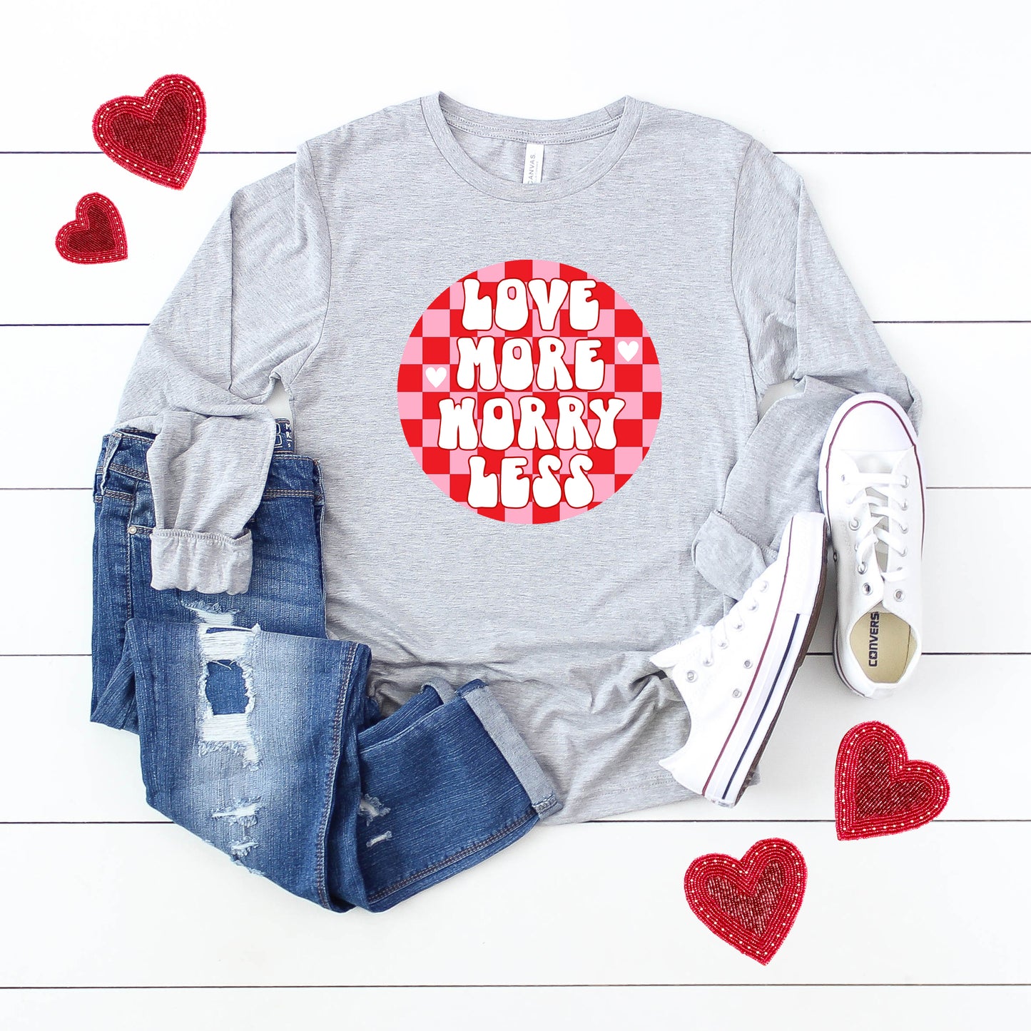 Love More Worry Less Checkered | Long Sleeve Graphic Tee