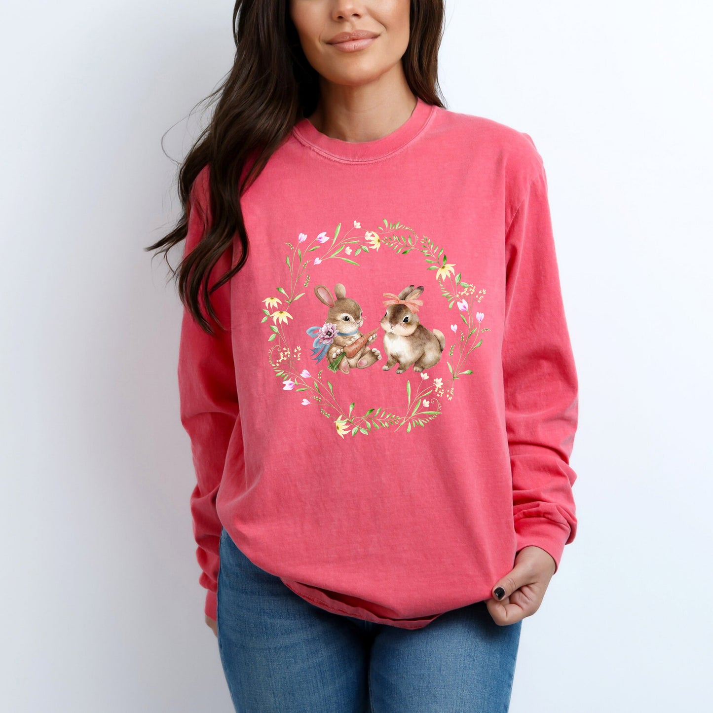 Bunnies Floral Wreath | Garment Dyed Long Sleeve