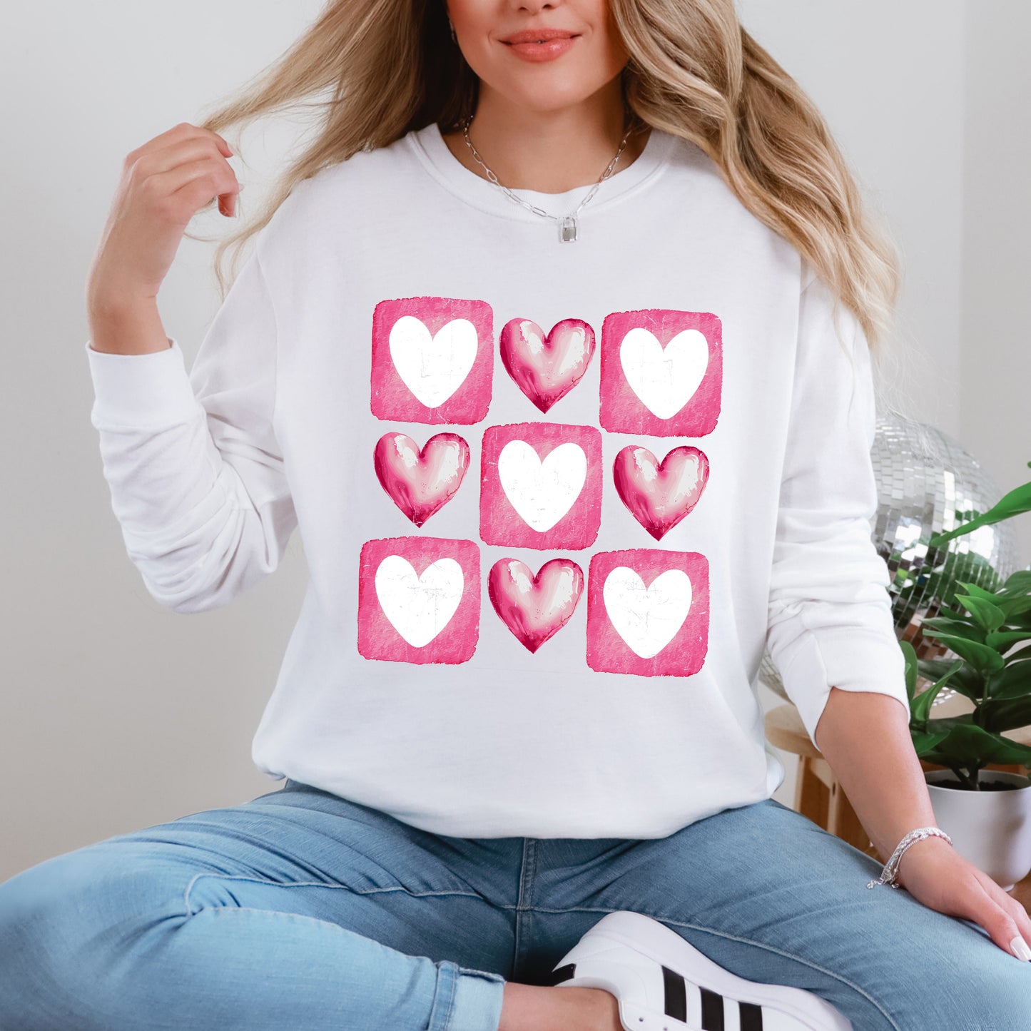 Pink Heart Grid | Garment Dyed Long Sleeve