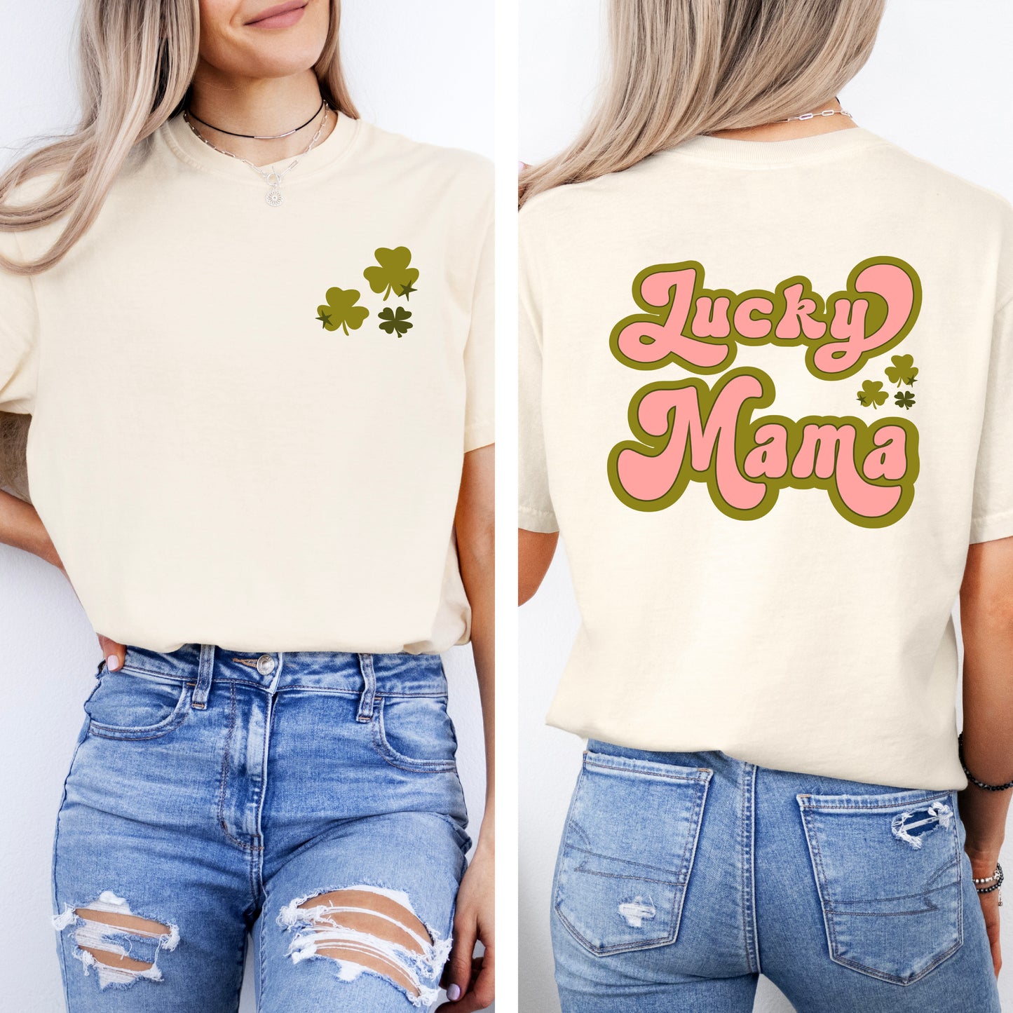 Lucky Mama Retro Clovers  | Front and Back Garment Dyed Short Sleeve Tee