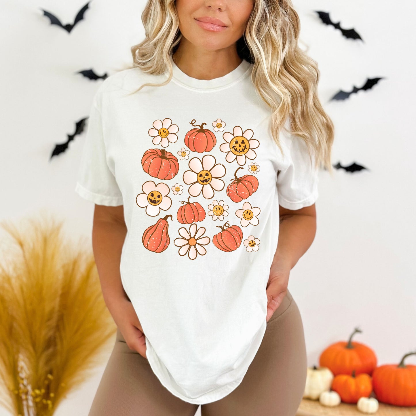 Distressed Flowers And Pumpkins | Garment Dyed Tee