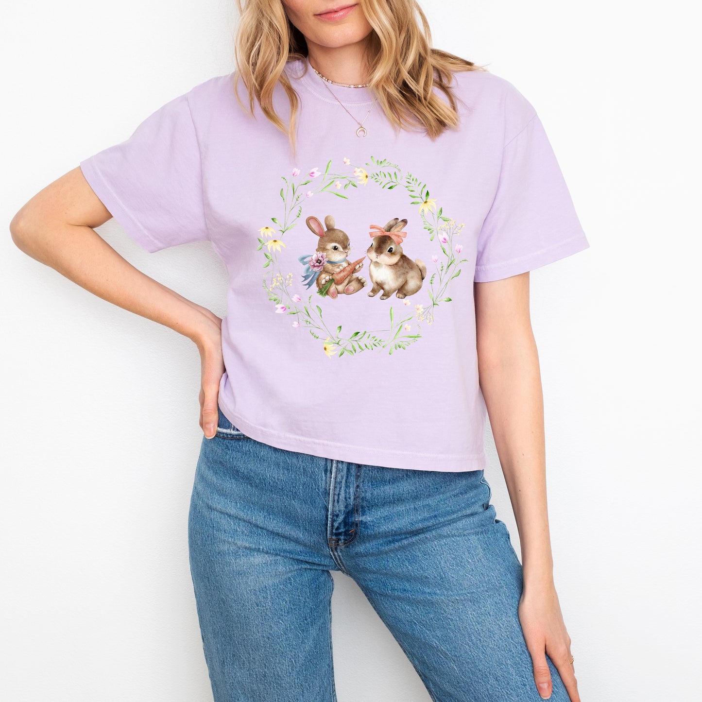 Bunnies Floral Wreath | Relaxed Fit Cropped Tee