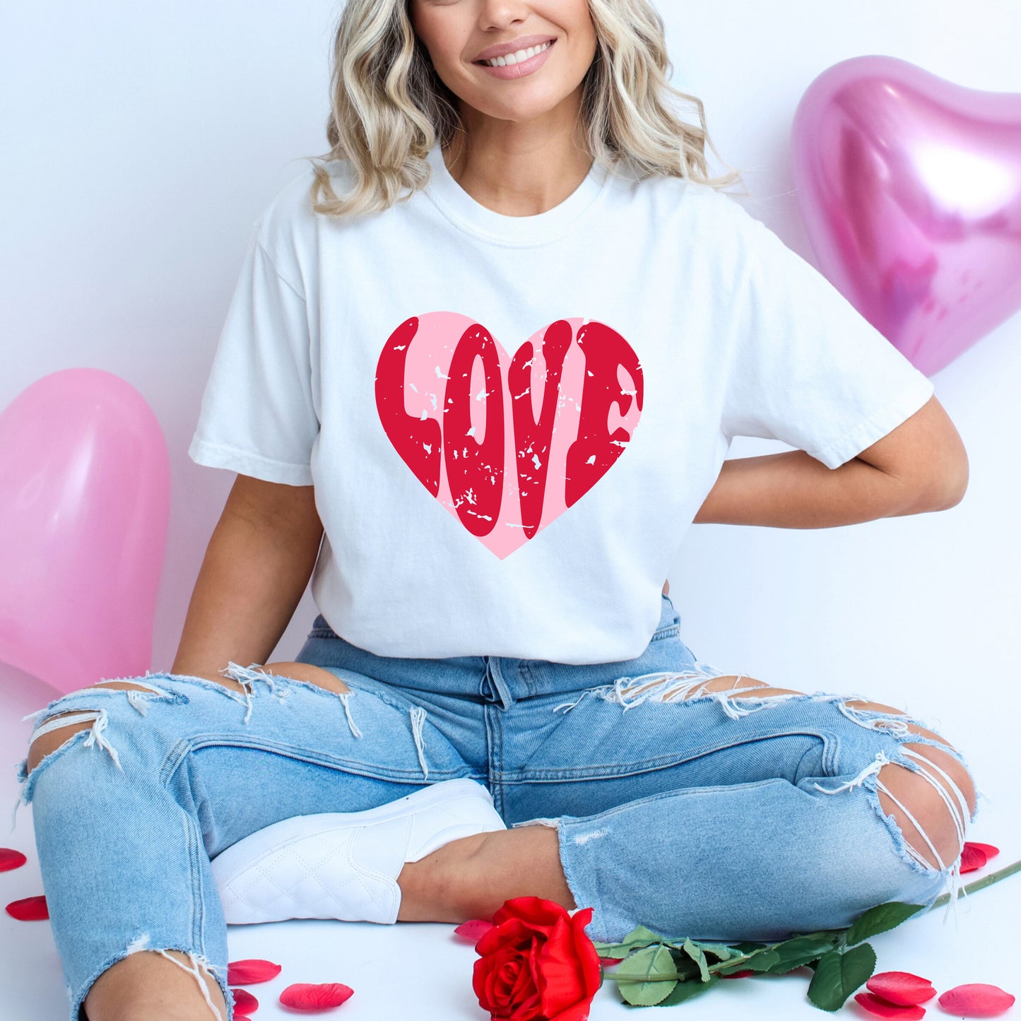 Pink Love Heart Distressed | Garment Dyed Tee