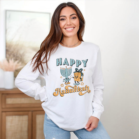 Happy Hanukkah Distressed | Long Sleeve Crew Neck