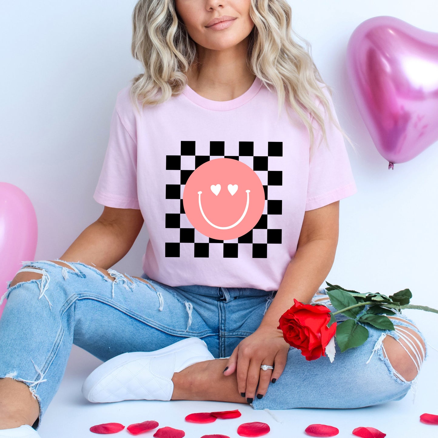 Valentines Pink Smiley | Short Sleeve Crew Neck