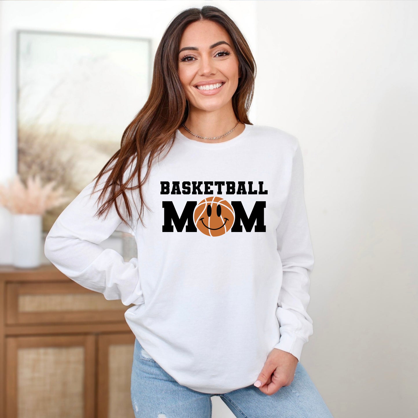 Basketball Mom Smiley Face | Long Sleeve Crew Neck