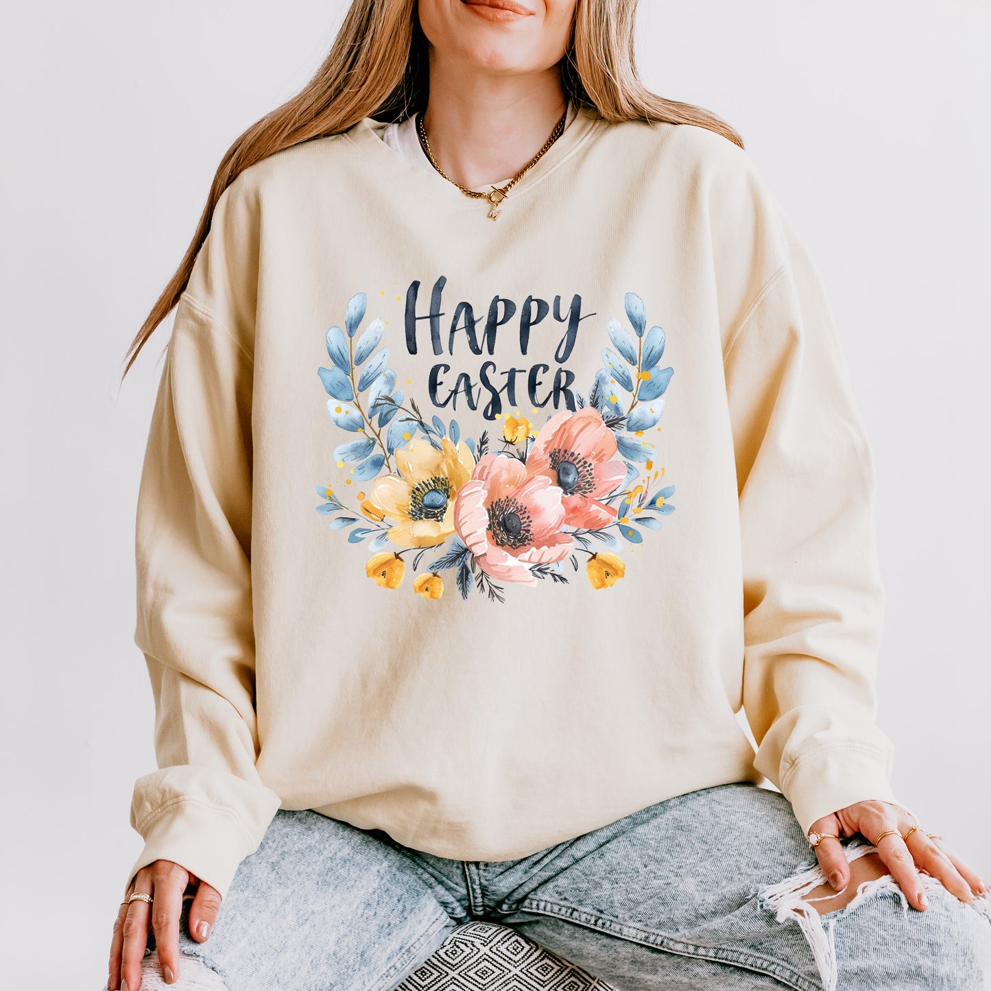 Happy Easter Floral | Lightweight Garment Dyed Sweatshirt