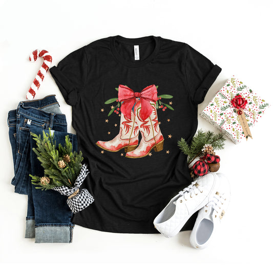 Coquette Cowgirl Christmas Boots | Short Sleeve Crew Neck