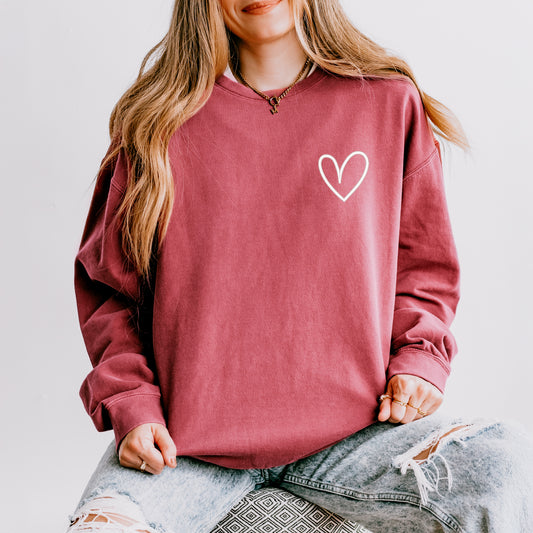 Embroidered Hand Drawn Heart | Lightweight Garment Dyed Sweatshirt