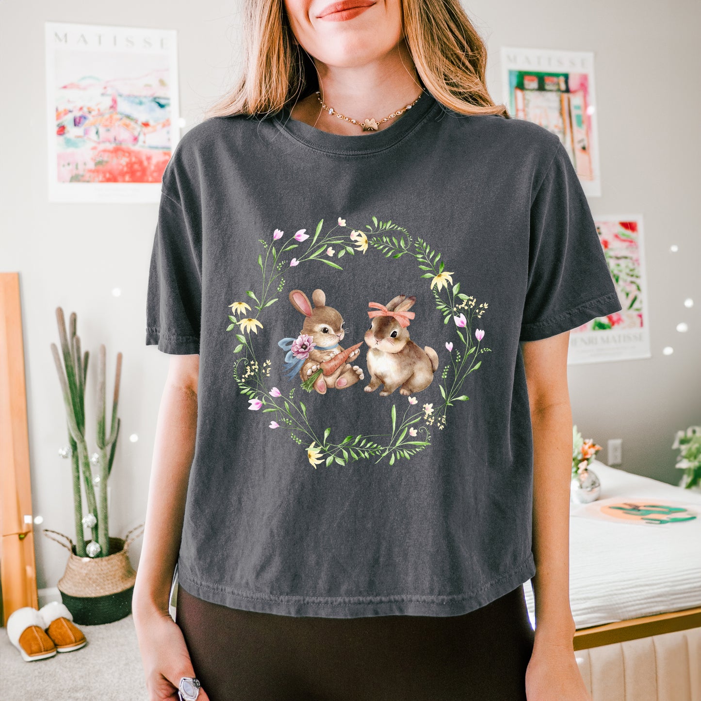 Bunnies Floral Wreath | Relaxed Fit Cropped Tee