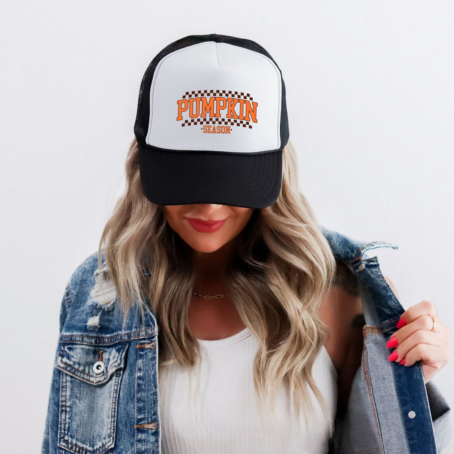 Checkered Arched Pumpkin Season | Foam Trucker Hat