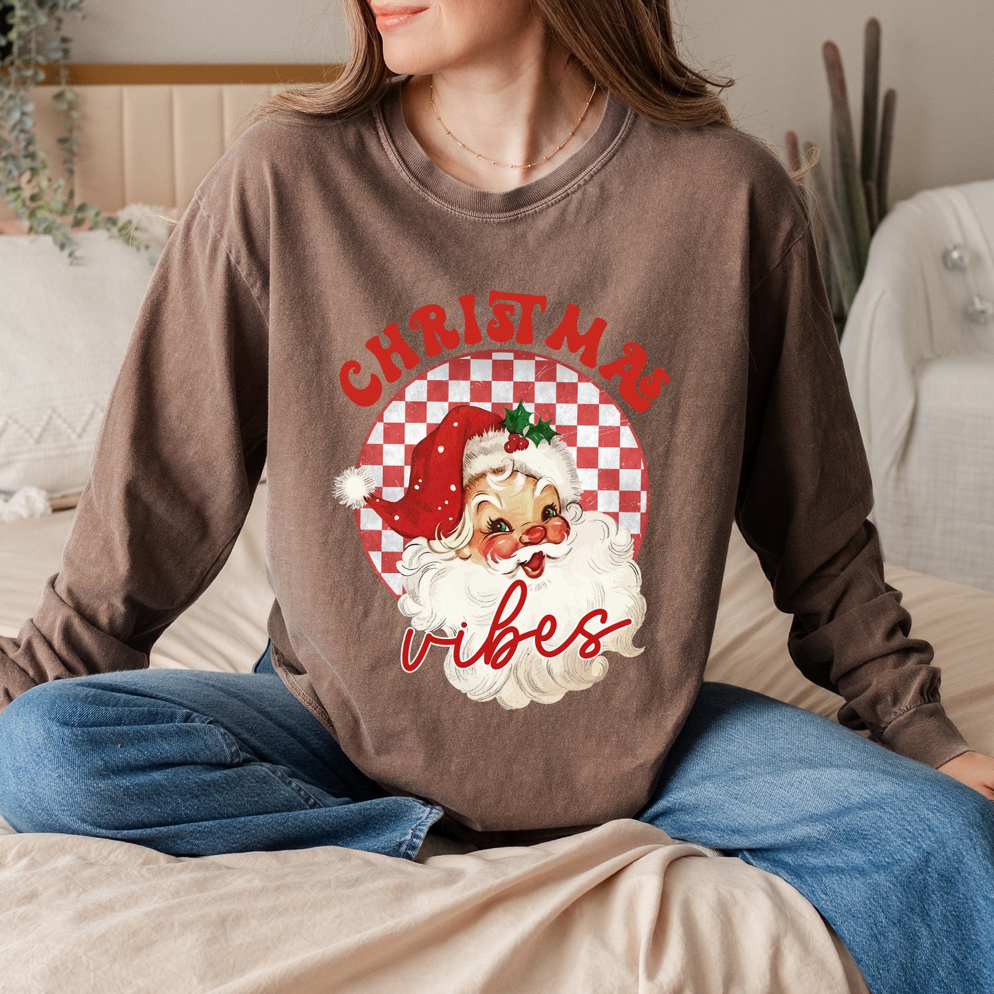 Christmas Vibes Santa Checkered | Garment Dyed Long Sleeve